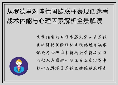 从罗德里对阵德国欧联杯表现低迷看战术体能与心理因素解析全景解读